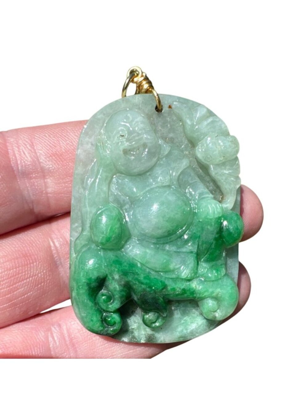 Vintage Happy Laughing Natural Green Jade Buddha Pendant 18K Gold Bail Carved
